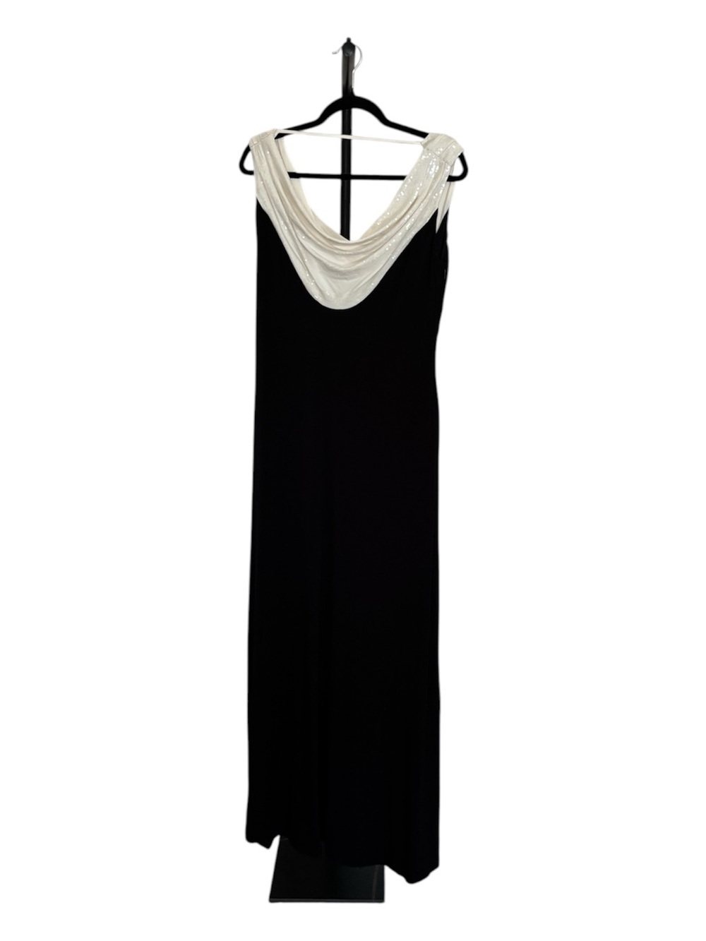 Calvin Klein Black Evening Maxi Dress with Ivory Draped Sequin Neckline Size 8